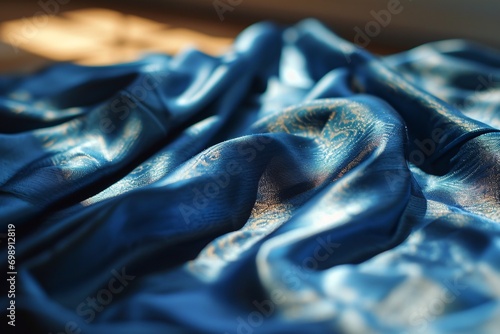Blue Silk Scarf with Gold Design photo