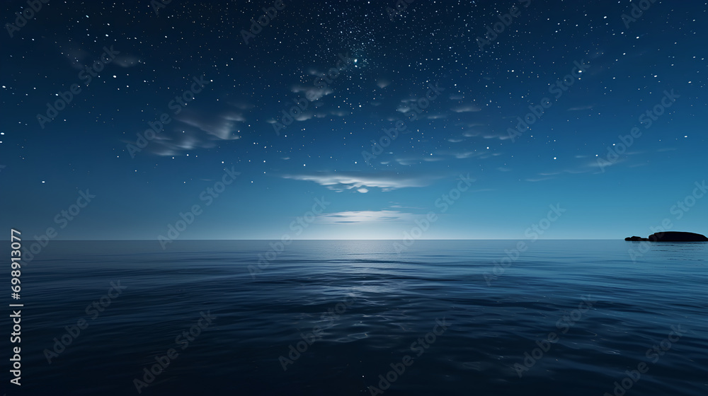 Starry night, wide shot of the open ocean, beautiful calm blue waters.