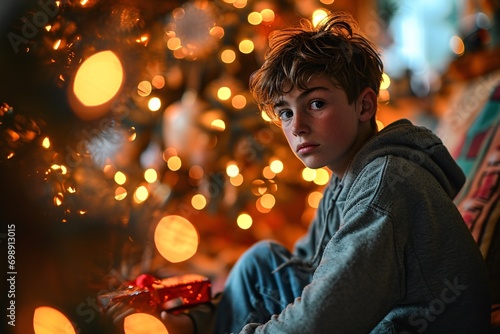 A young boy sitting in front of a Christmas tree with a present in his hand
