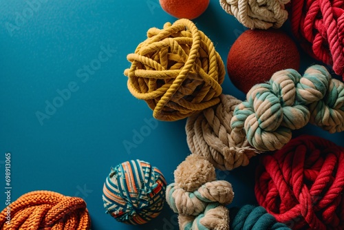 A variety of colorful balls and yarn on a blue surface. photo