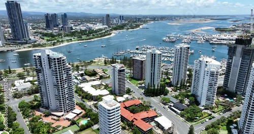 Surfers Paradise, Gold Coast, Queensland Australia, looking out towards Southport and the Gold Coast Broadwater, luxury apartments dazzling summers day photo