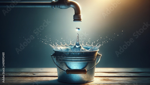A single, small water droplet falling from a tap into a bucket filled with water - Generative AI photo