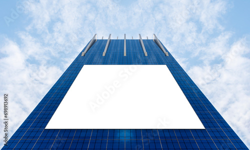 Bottom up view mock up LED display billboard on office building with blue sky background and clipping path for mock up