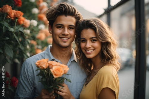 Valentine Romantic Couple Holding Flowers