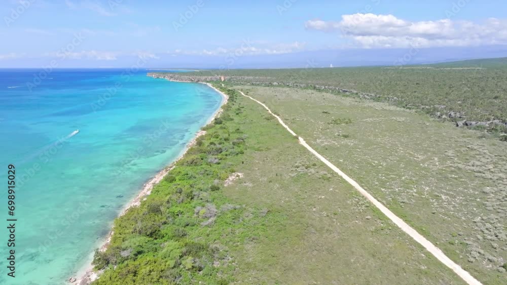 Birdseye view of breathtaking coast sea and beach of Bahia de las Aguilas in Dominican Republic, aerial pov Birdseye view of breathtaking coast sea and beach of Bahia de las Aguilas in Dominican Republic, aerial pov