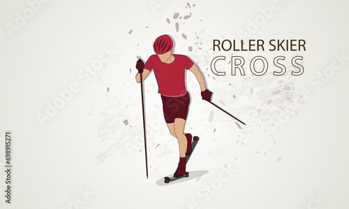 Athlete on roller ski runs cross. Vector illustration. Abstract light background.