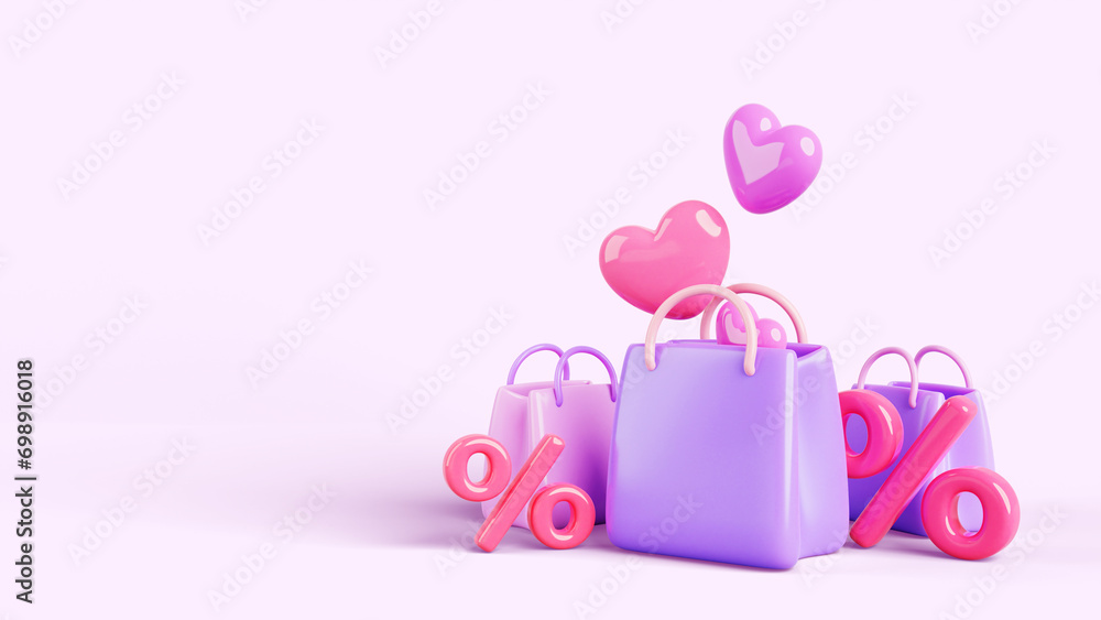 3d render shop paper bags love sale background. Fashion banner for online shopping with gift packages, red heart balloons, percent or bonus. Valentine day pink design, shoping promo. 3D illustration