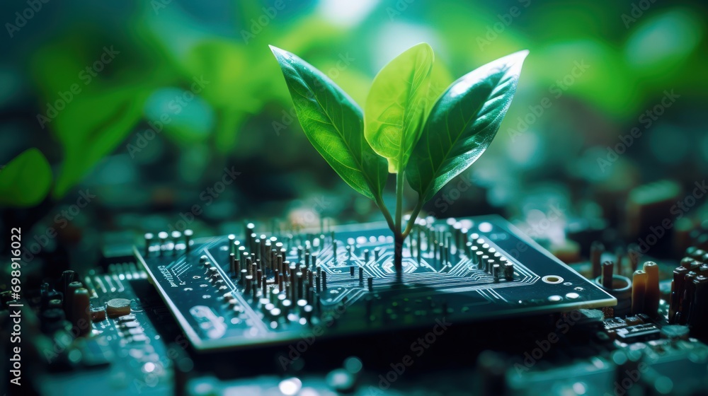 
A detailed close-up highlights a plant positioned on a circuit board, juxtaposing nature with technology in a captivating composition. - obrazy, fototapety, plakaty 