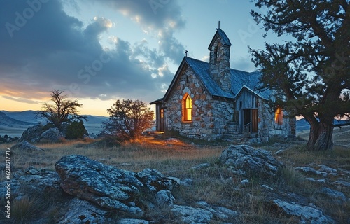 Chapel ruin at dusk .