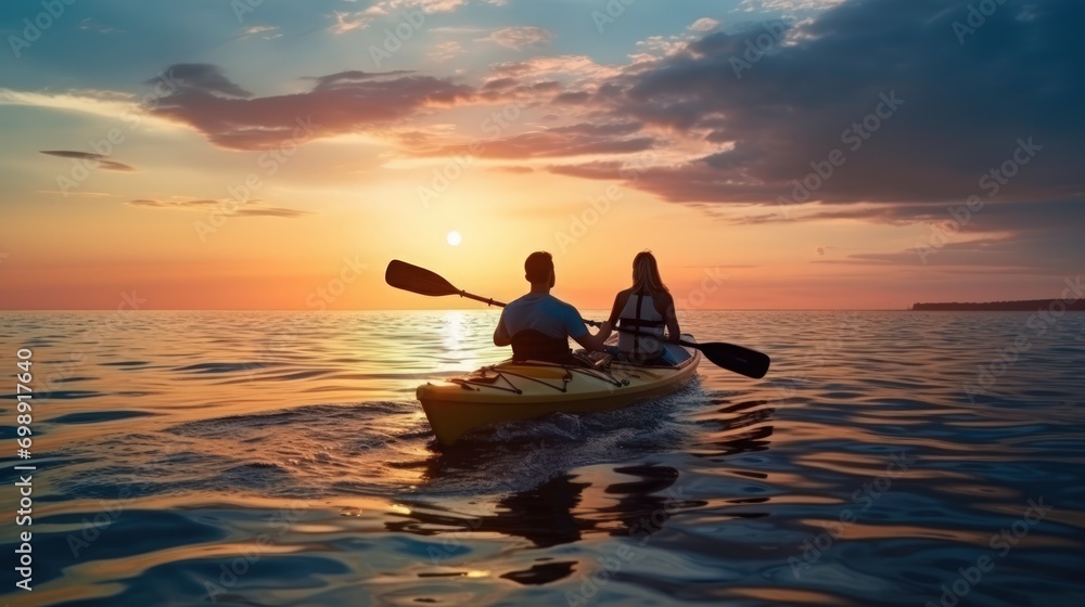 A joyful young couple is having fun, walking on a kayak, against the backdrop of a sunset at sea.