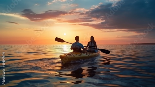 A joyful young couple is having fun, walking on a kayak, against the backdrop of a sunset at sea.