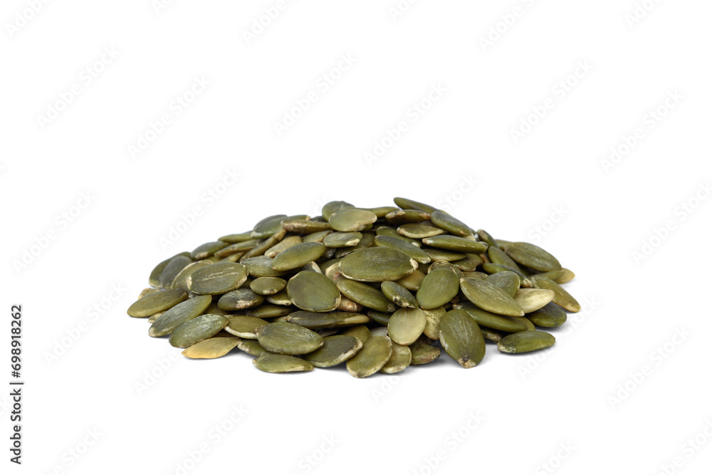 Peeled pumpkin seeds isolated on white background. Peeled pumpkin seeds isolated on white background.