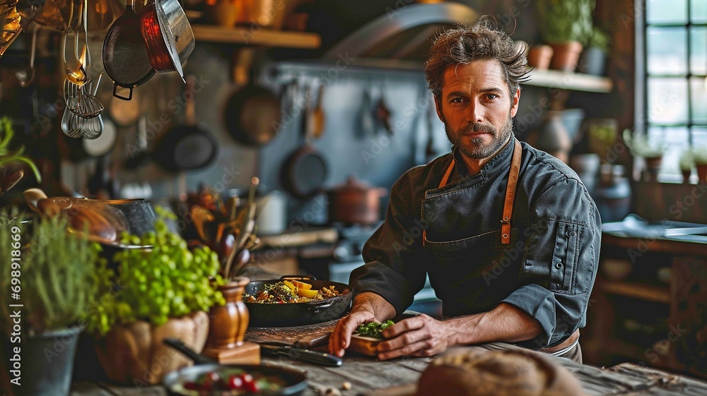 Kitchen tools and a creative, professional chef portrait. Kitchen tools and a creative, professional chef portrait.