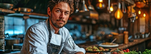 Kitchen tools and a creative, professional chef portrait.