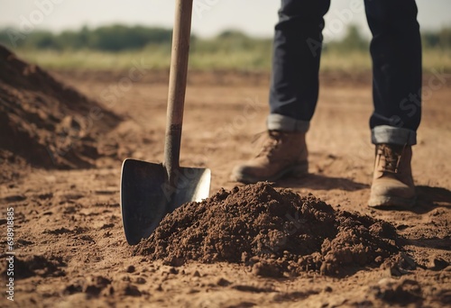 A man plants a tree, hands with a shovel digs the earth, nature, environment and ecology. dug hole photo