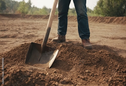 A man plants a tree, hands with a shovel digs the earth, nature, environment and ecology. dug hole