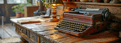 aged wooden desk illuminated by a lamp with a typewriter and antique registers. antiquated desk and office backdrop . photo