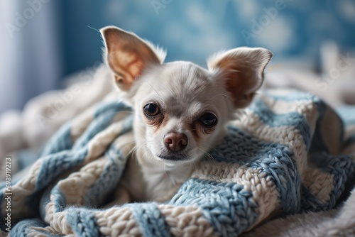 A small white dog sitting on a blanket