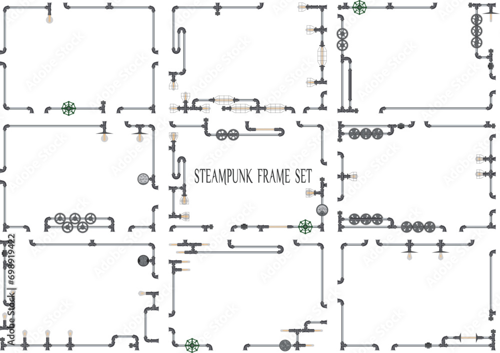 Steampunk piping frame set steel with gradation Stock Vector | Adobe Stock