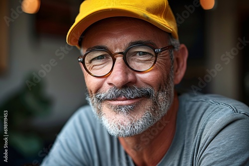 A man wearing glasses and a yellow hat, smiling and looking at the camera photo