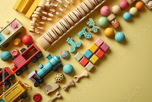 A variety of wooden toys and blocks on a yellow surface.