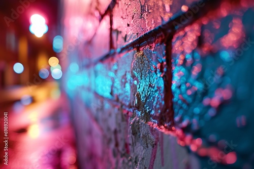 A brick wall with a pink and blue hue photo