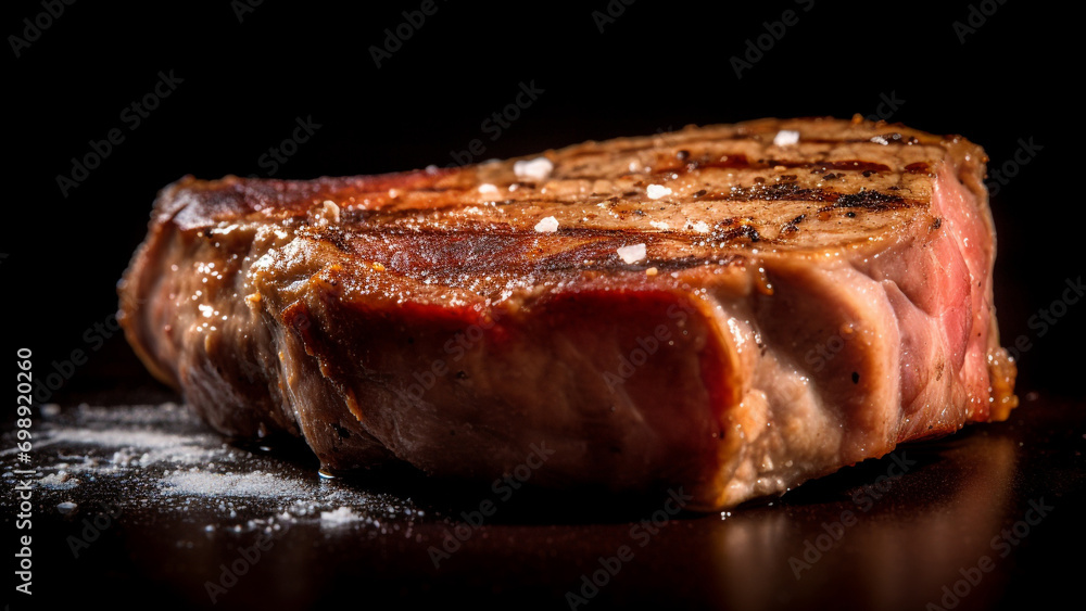 Close up shor of grilled pork chop steak seasoning with salt on dark background Close up shor of grilled pork chop steak seasoning with salt on dark background