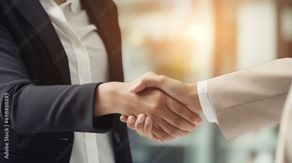 Woman in a white blouse, who is smiling and extending her hand for a handshake and the blurred figure opposite her is likely a colleague or client engaging in the handshake