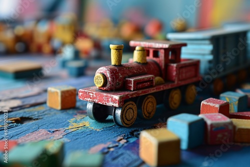 A wooden toy train on a colorful table