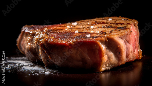 Close up shor of grilled pork chop steak seasoning with salt on dark background