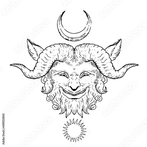 Faun illustration with sun and moon vector, Satyr vector illustration, line art, Vintage engraving style