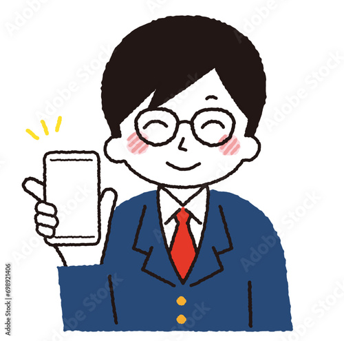 スマホを操作する学生のイラスト。