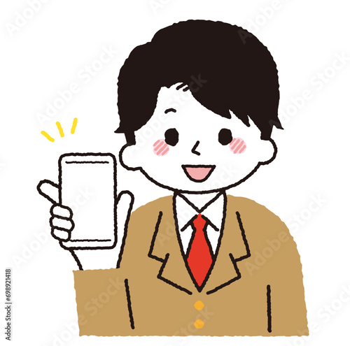 スマホを操作する学生のイラスト。