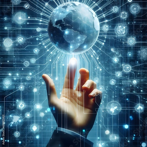 AI generated human hand and global telecommunications network connections