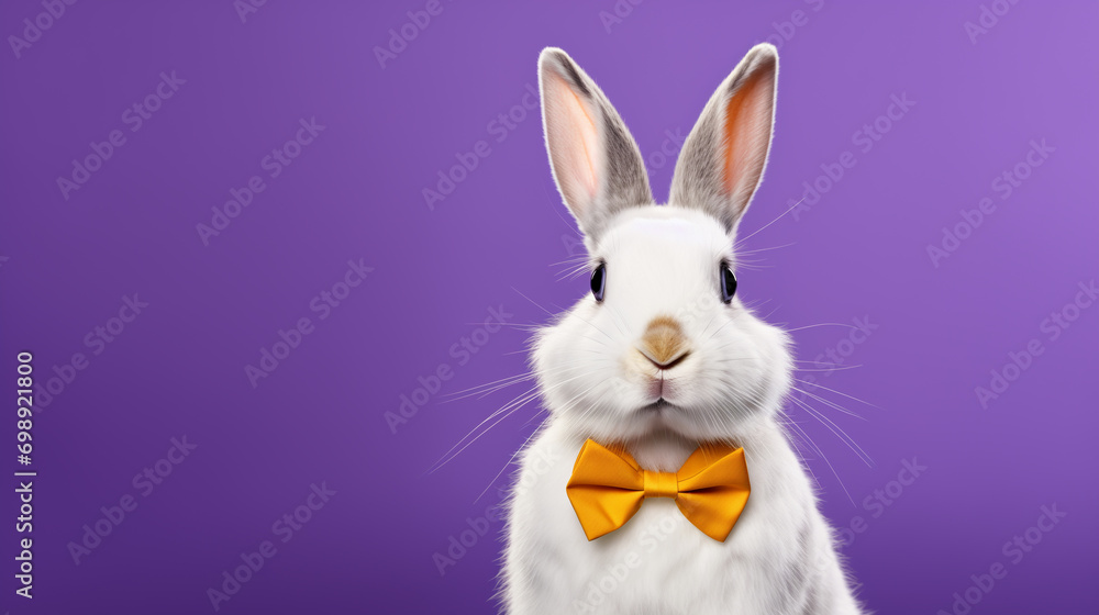 white rabbit with a yellow bow tie on a purple background white rabbit with a yellow bow tie on a purple background
