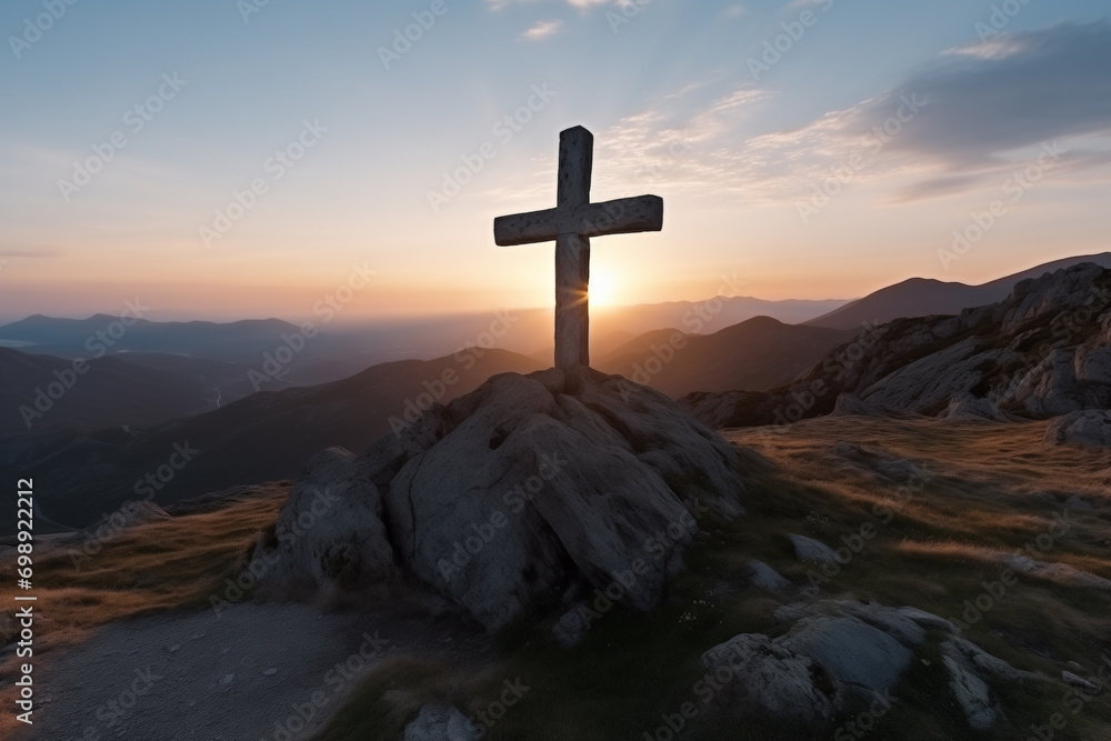 cross on the mountain, symbol of the crucifixion in the rays of the rising sun, faith, hope