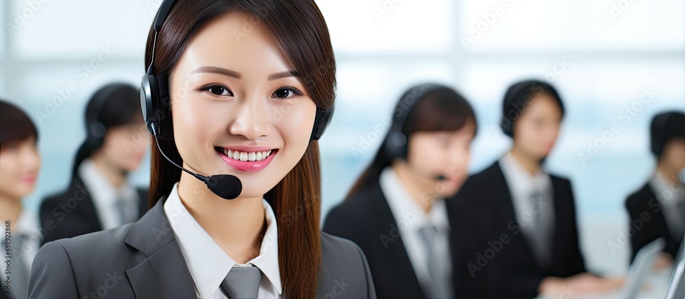 Asian woman in call center with coworkers nearby. Asian woman in call center with coworkers nearby.