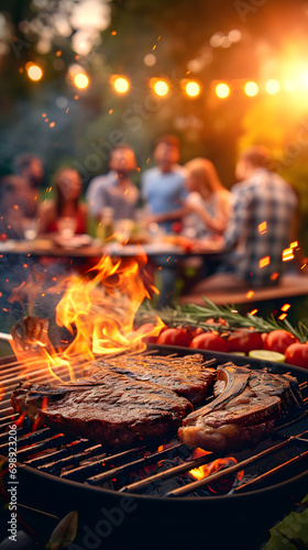 Barbecue party with people in the background, grilled steak, grilled meat, fire, summer party, barbecue in the garden, people having fun, family and friends, bbq