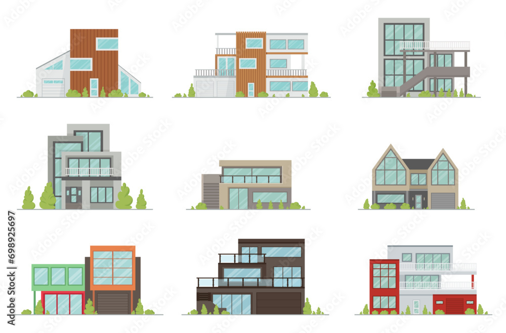Modern house trendy real estate facade architecture with green trees stairs set vector flat