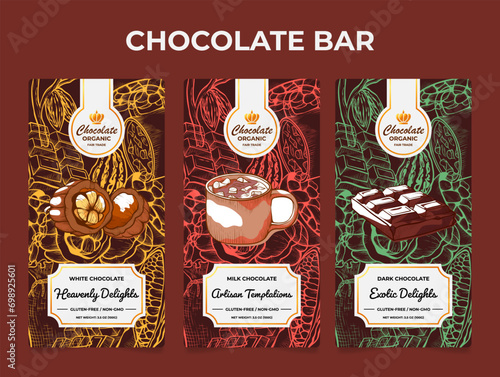Chocolate bar front label delicious dessert design template set engraved vector illustration