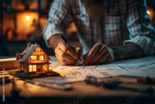 Man working on a drawing at a desk photo