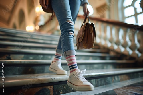 A woman wearing jeans and a striped sock walking down a staircase © graphic