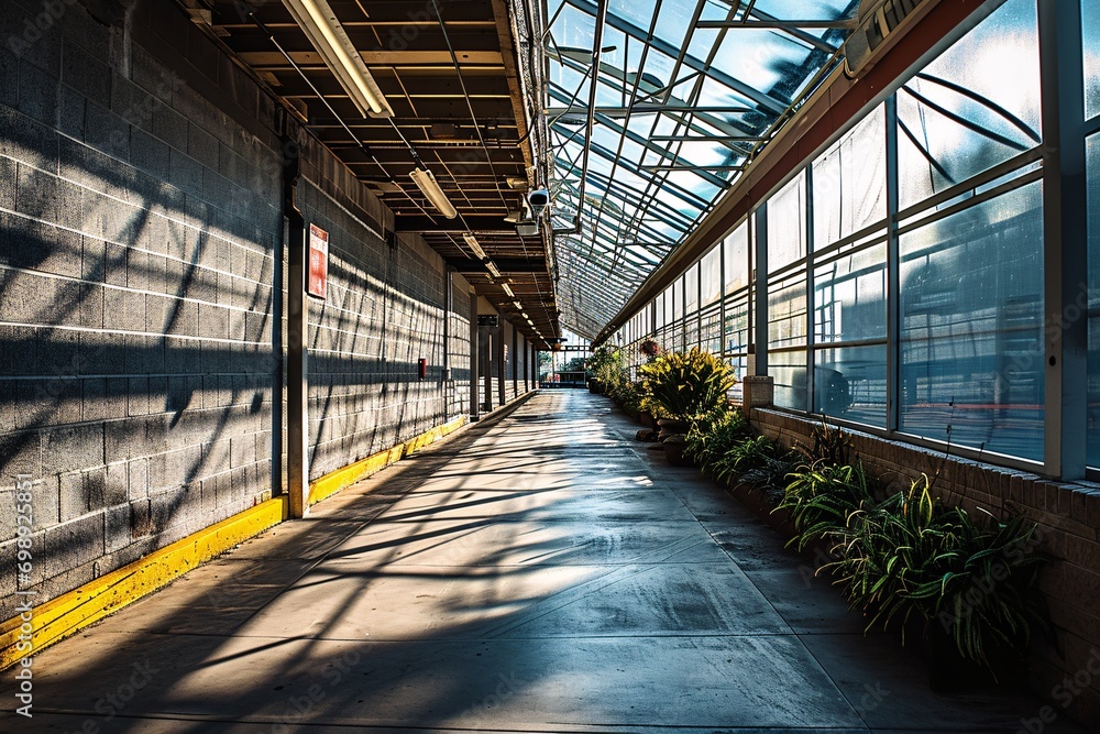 A long, empty walkway with a skylight and a few potted plants.