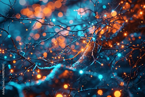 A tree branch with blue lights and sparkling lights