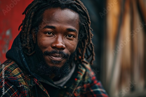 A smiling man with dreadlocks and a black jacket