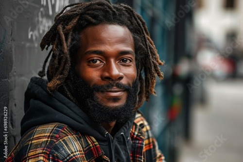 A smiling man with dreadlocks and a beard