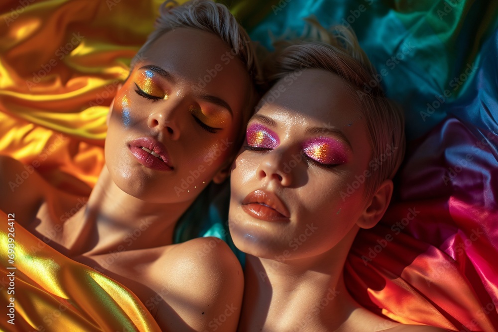 Two women with colorful makeup and hair laying on a bed Two women with colorful makeup and hair laying on a bed