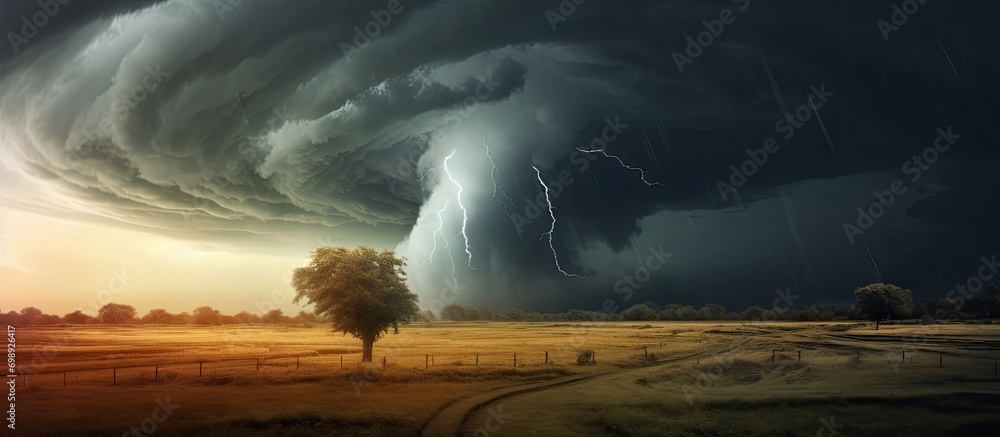 A tornado forms under a thunderstorm in a field. - obrazy, fototapety, plakaty 