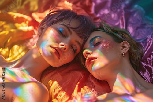 Two girls sleeping on a colorful blanket