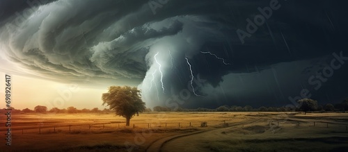 A tornado forms under a thunderstorm in a field. photo